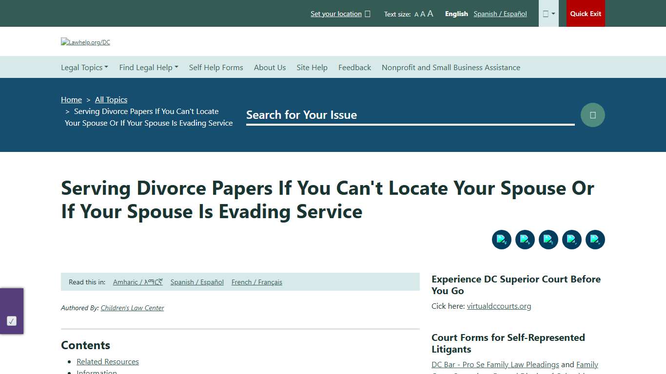 Serving Divorce Papers If You Can't Locate Your Spouse Or If Your Spouse Is Evading Service Welcome to LawHelp.org/DC A guide to free and low-cost legal aid and services in Washington, D.C.